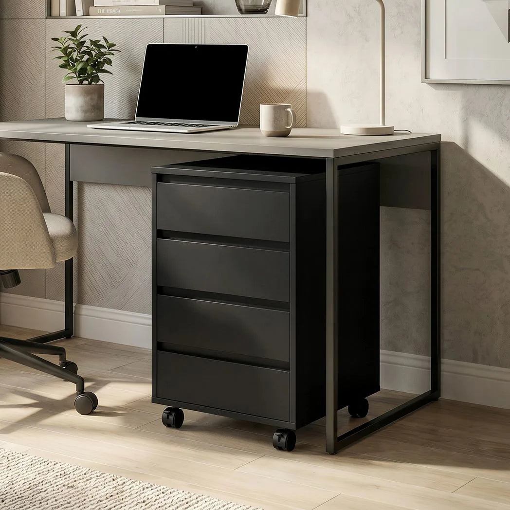 HOMCOM Four-Drawer Office Filing Cabinet with Wheels and Anti-Tipping Straps – Under Desk Storage, Black