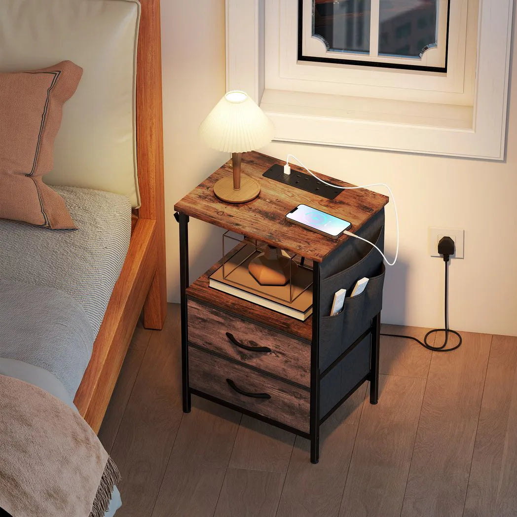 HOMCOM Slim Bedside Table with Charging Station, AC Outlets and USB Ports, Fabric Drawers – Rustic Brown