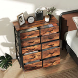 HOMCOM Fabric Chest of 10 Drawers with Steel Frame, Pockets and Hooks – Bedroom Storage Unit, Rustic Brown