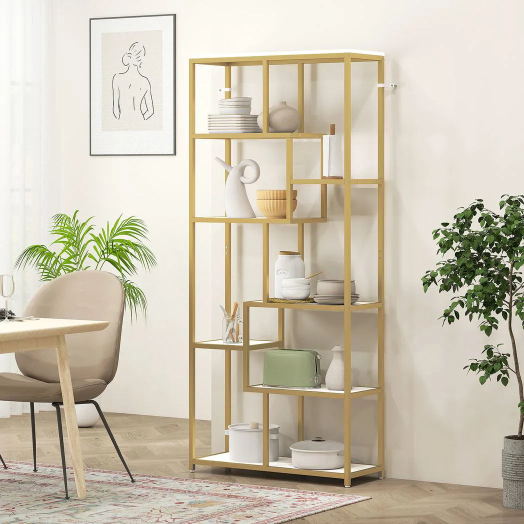 HOMCOM Seven-Tier Geometric Bookcase with Metal Frame – Asymmetrical Display Shelf, White/Gold Tone