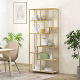 HOMCOM Seven-Tier Geometric Bookcase with Metal Frame – Asymmetrical Display Shelf, White/Gold Tone