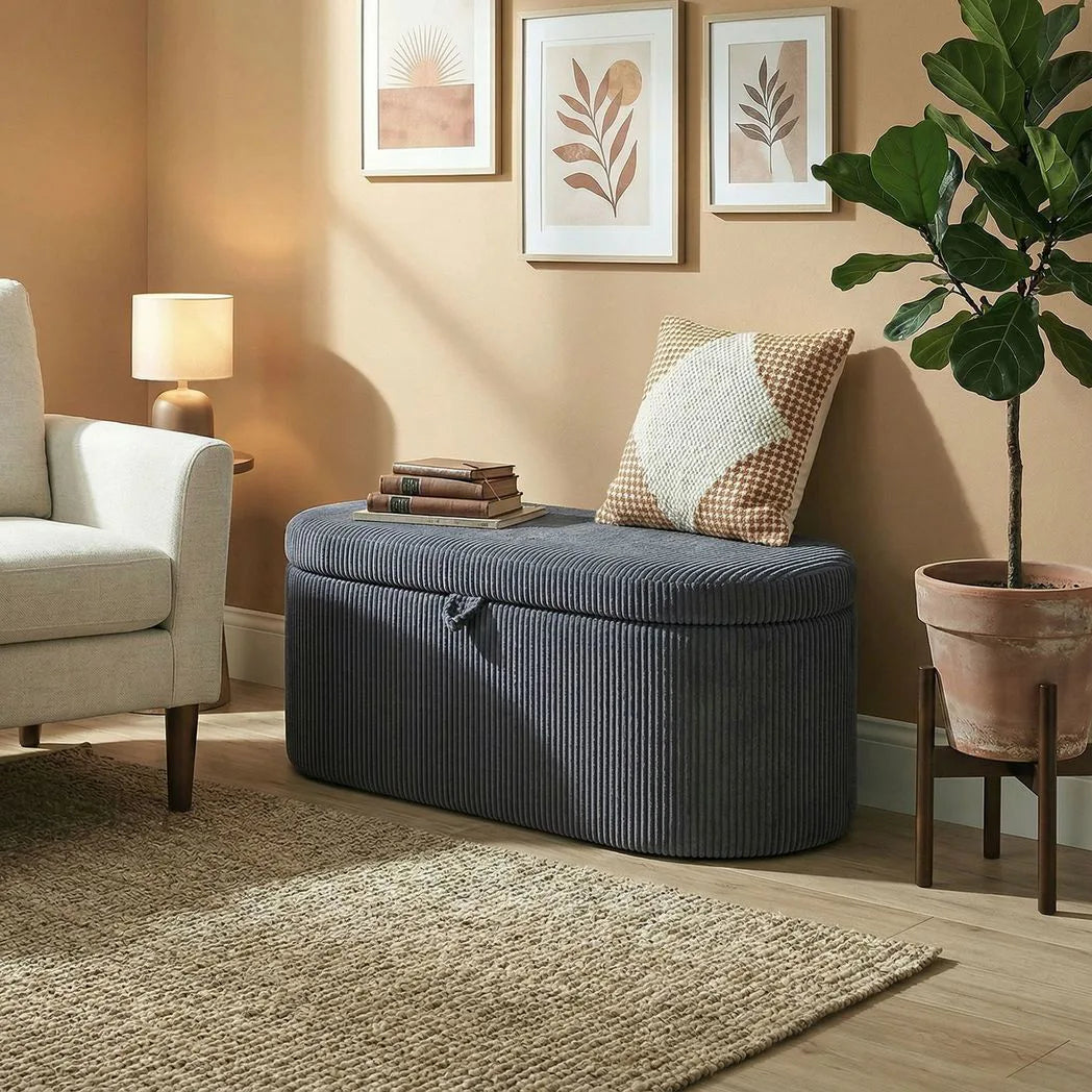 HOMCOM Corduroy Storage Ottoman Bench with Padded Seat and Hidden Storage – Living Room and Bedroom Seating, Dark Grey