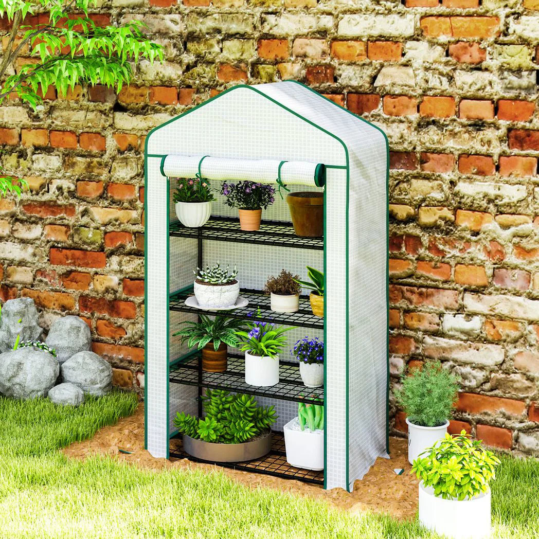 Outsunny Four-Tier Mini Greenhouse with Reinforced Plastic Cover and Roll-Up Door – Steel Frame Plant Shelter