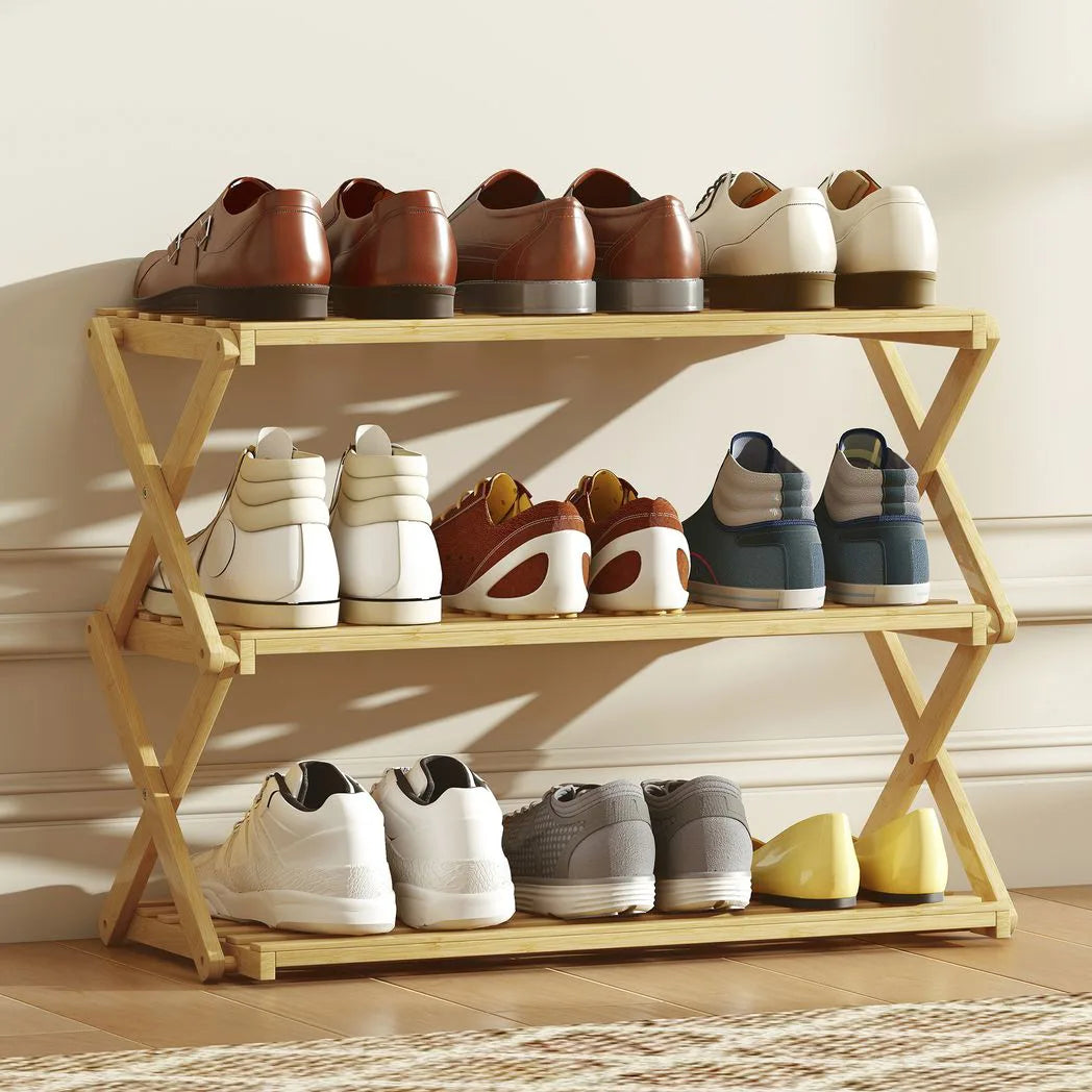 HOMCOM 3-Tier Folding Bamboo Shoe Rack – Holds 9 Pairs, No Assembly, Natural