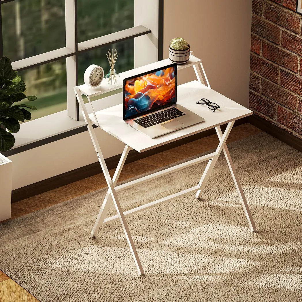 HOMCOM 81.5cm Folding Computer Desk with Monitor Shelf – Space-Saving Home Office Table, White