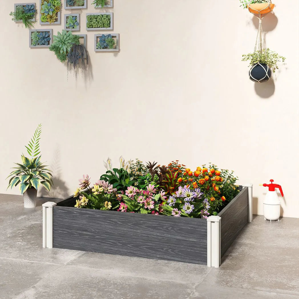Outsunny Vinyl Raised Garden Bed Kit with Slotting Legs and Open Bottom – Modular 3 x 3 x 1ft Planter, Dark Grey