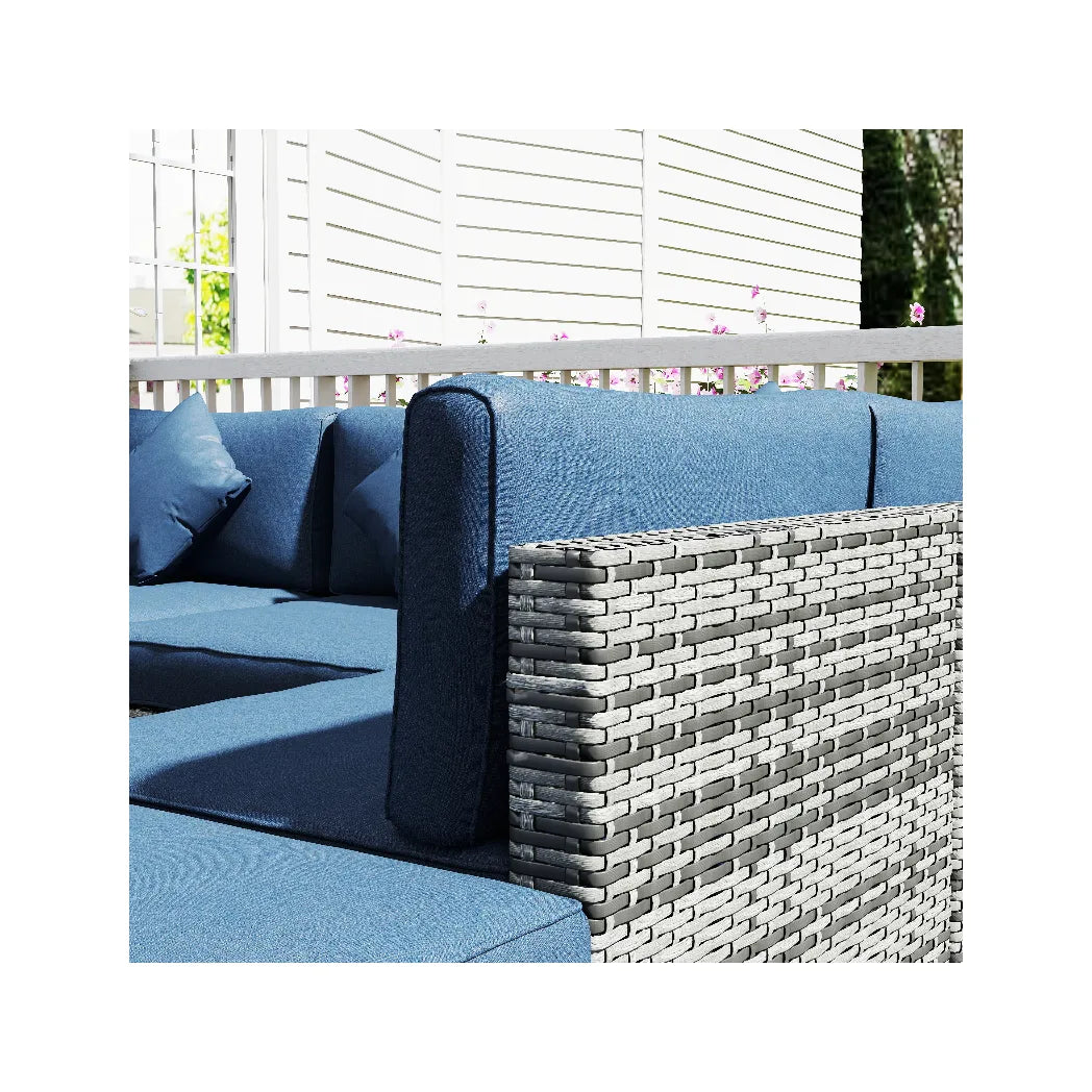 Outsunny 8 Piece PE Rattan Corner Sofa Set with Glass Coffee Table, Footstool and Cushions, Dark Blue