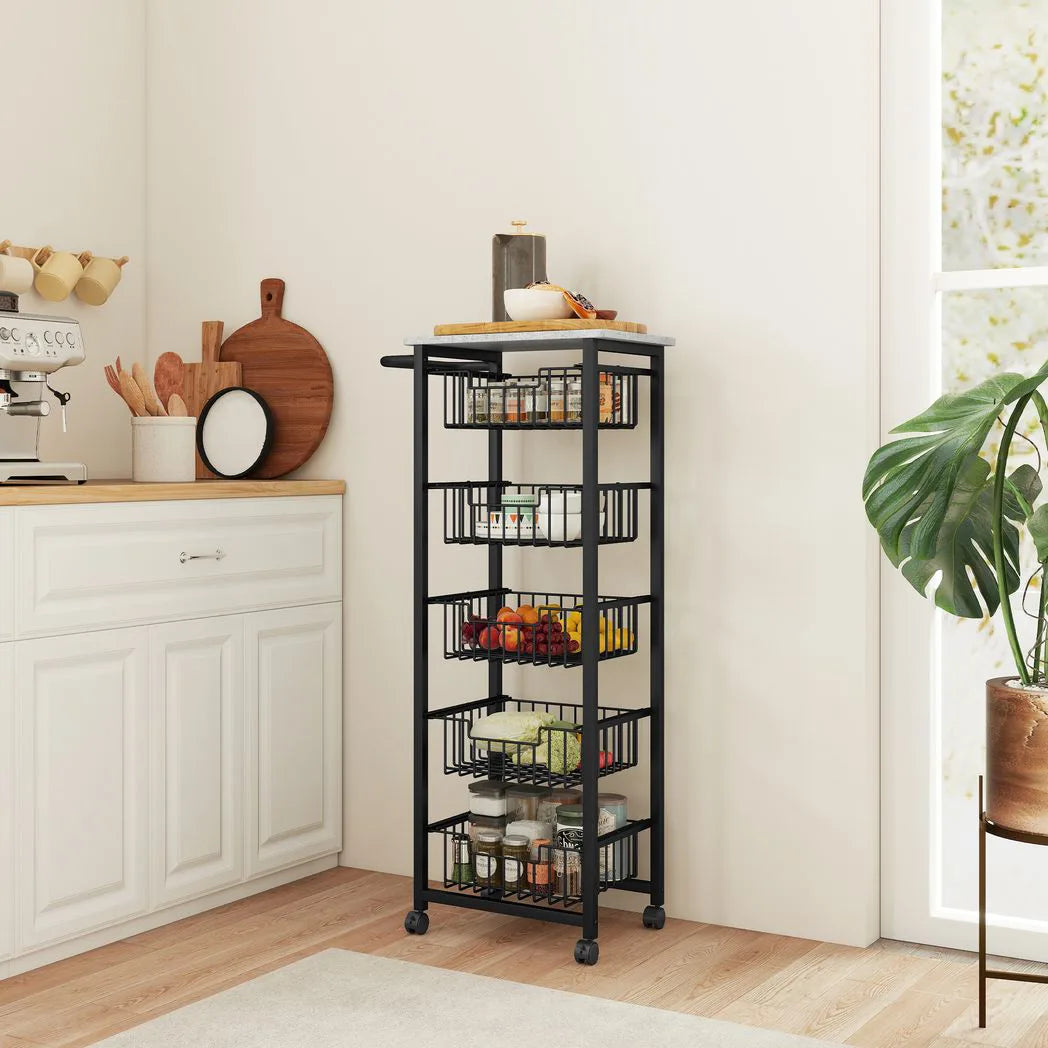 HOMCOM Five Basket Mobile Kitchen Island with Brakes – Storage Trolley, Marble-Effect Top, Grey and Black