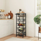HOMCOM Five Basket Mobile Kitchen Island with Brakes – Storage Trolley, Marble-Effect Top, Grey and Black