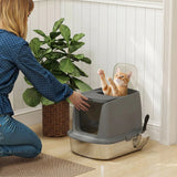 PawHut Large Stainless Steel Cat Litter Box with Lid, Scoop and Deodoriser Bag – Front Entry, Top Exit