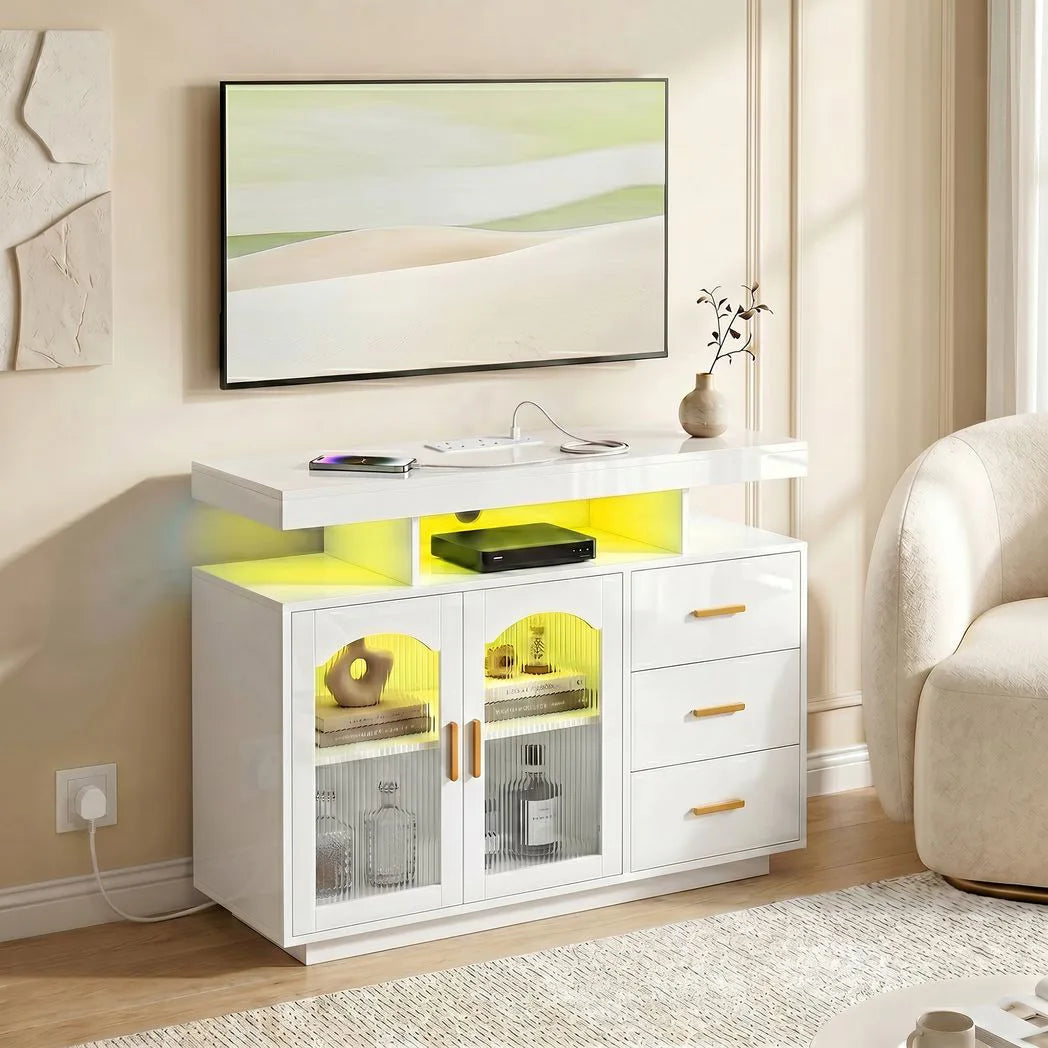 HOMCOM High Gloss Sideboard with RGB LED Lights, Power Outlets, 3 Drawers and Acrylic Doors, White