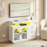 HOMCOM High Gloss Sideboard with RGB LED Lights, Power Outlets, 3 Drawers and Acrylic Doors, White