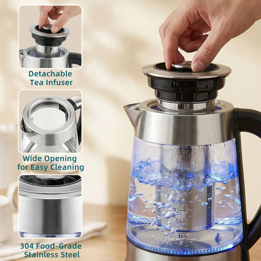 HOMCOM 1.7L Glass Electric Kettle, 3kW Fast Boil with Strix Thermostat, Tea Infuser and Keep Warm Function