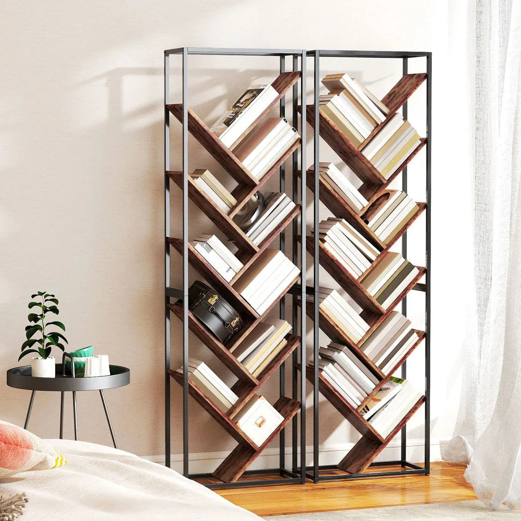 HOMCOM 10-Shelf Industrial-Style Tree Bookshelf with Metal Frame and Anti-Tipping Straps – Black/Brown