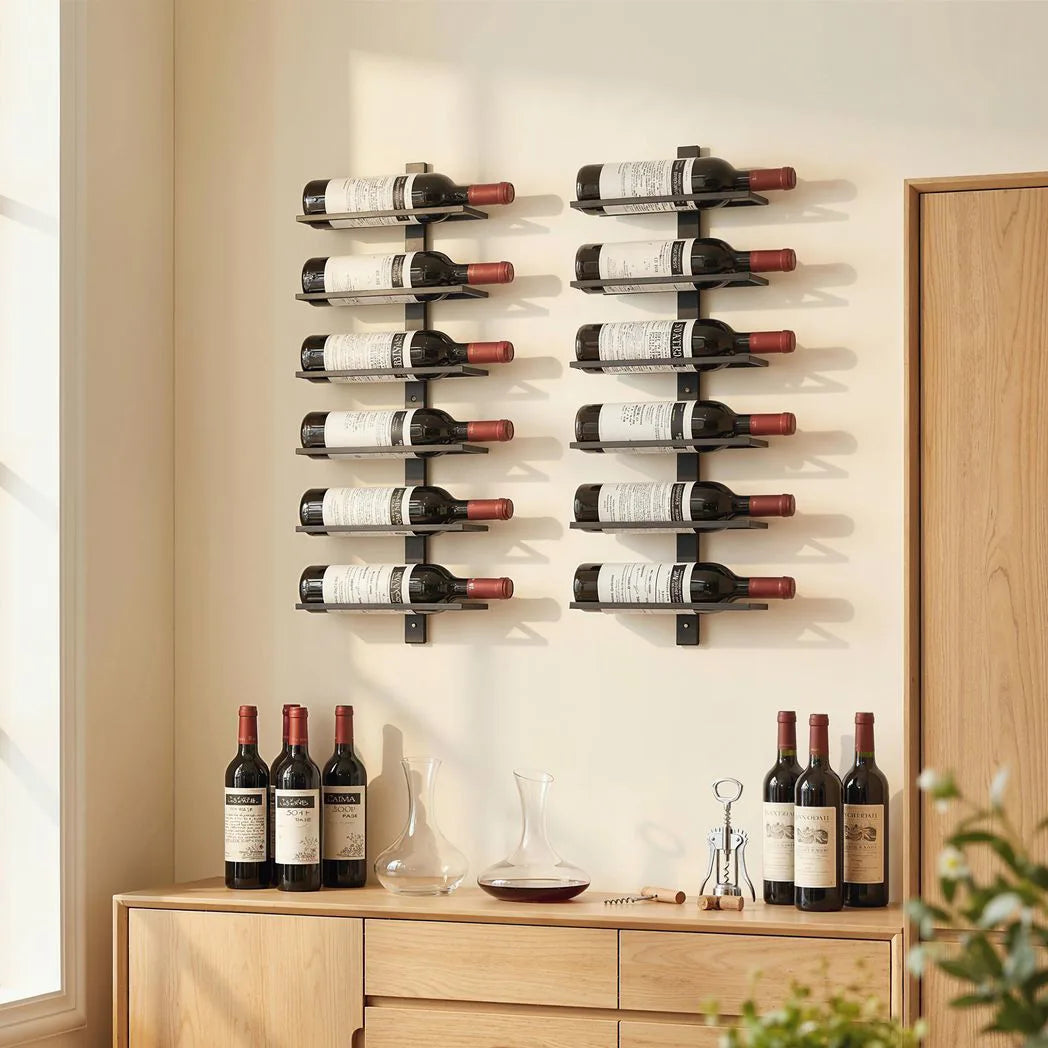 HOMCOM Wall Mounted 6-Tier Wine Rack – Metal Bottle Display Holder for Kitchen, Black