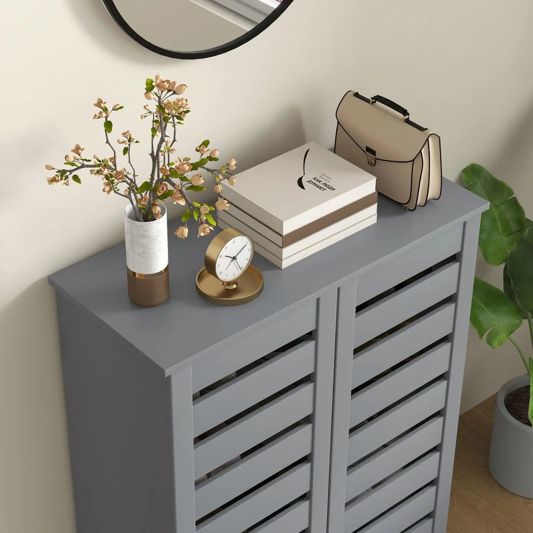 HOMCOM 5-Tier Narrow Shoe Cabinet with Slatted Doors and Adjustable Shelves – Holds 15 Pairs, Dark Grey