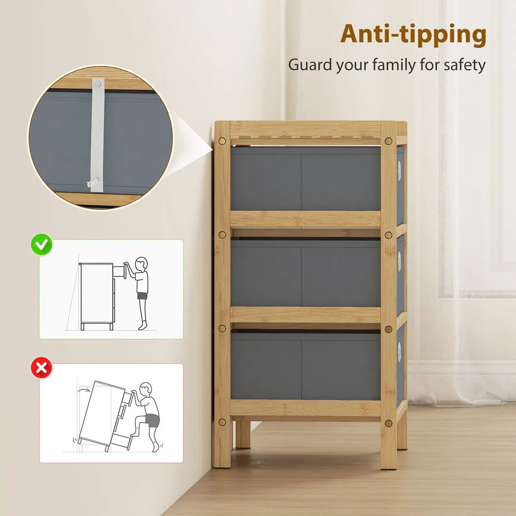 HOMCOM Narrow Chest of Drawers with 3 Fabric Drawers and Bamboo Frame – Slim Bedroom Dresser, Light Grey