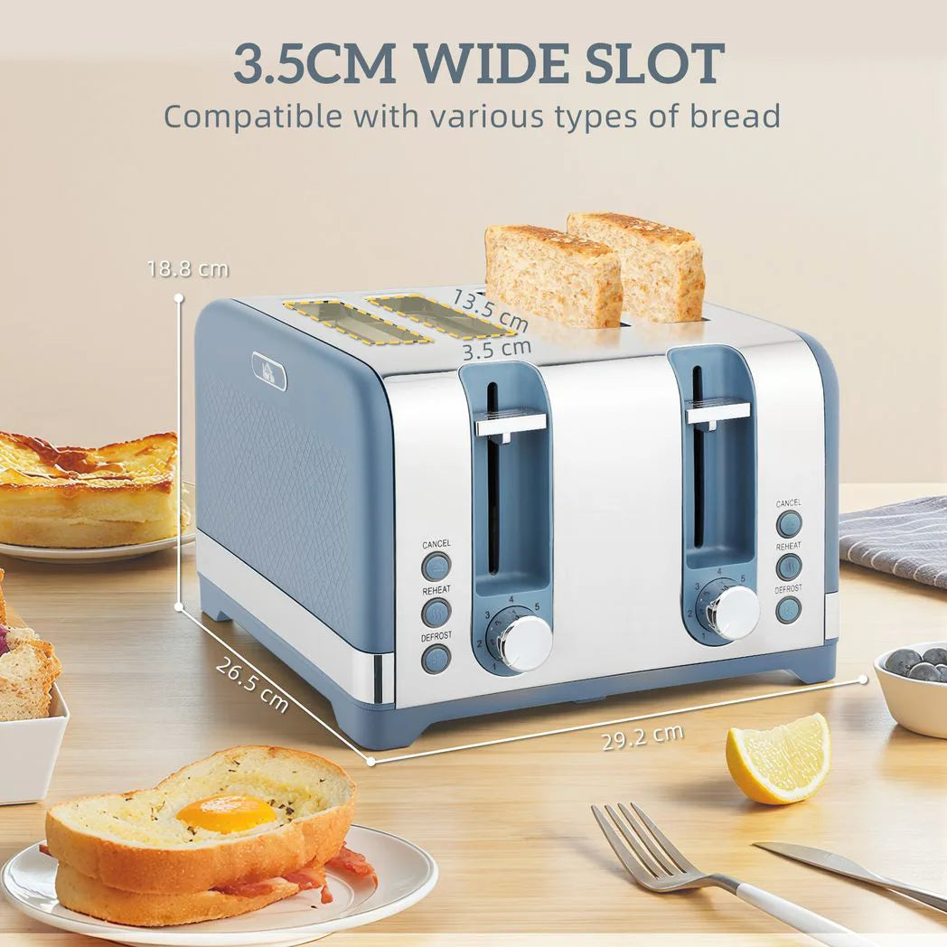 HOMCOM Sleek Textured Kettle and 4-Slice Toaster Set with Otter Thermostat – 1.7L 3000W Kettle, Blue
