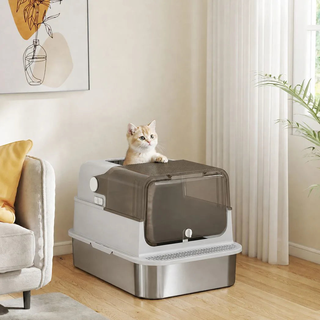 PawHut XXL Stainless Steel Cat Litter Box with 90° Flip Cover, Double Doors & Scoop – Enclosed, Grey