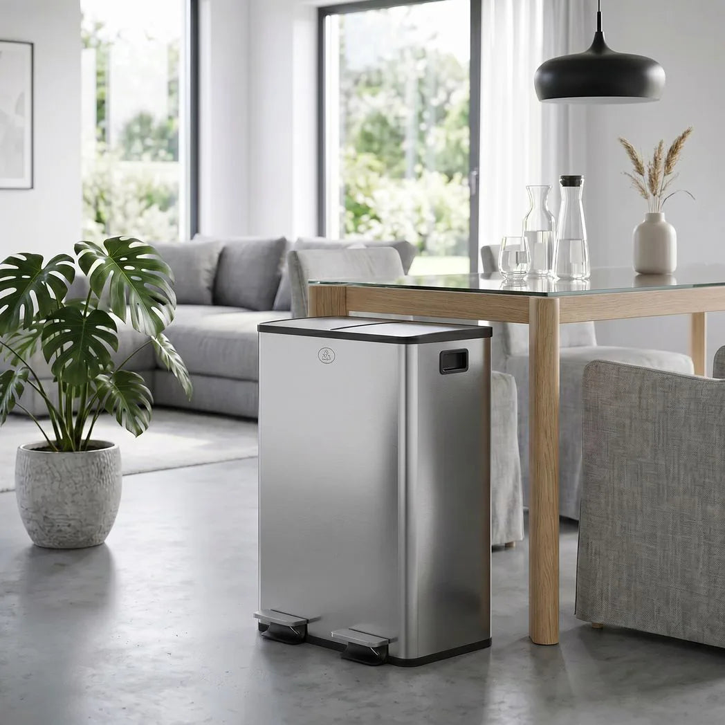 HOMCOM 56L Dual Compartment Pedal Bin with Deodoriser Holders & Soft-Close Lid – Stainless Steel