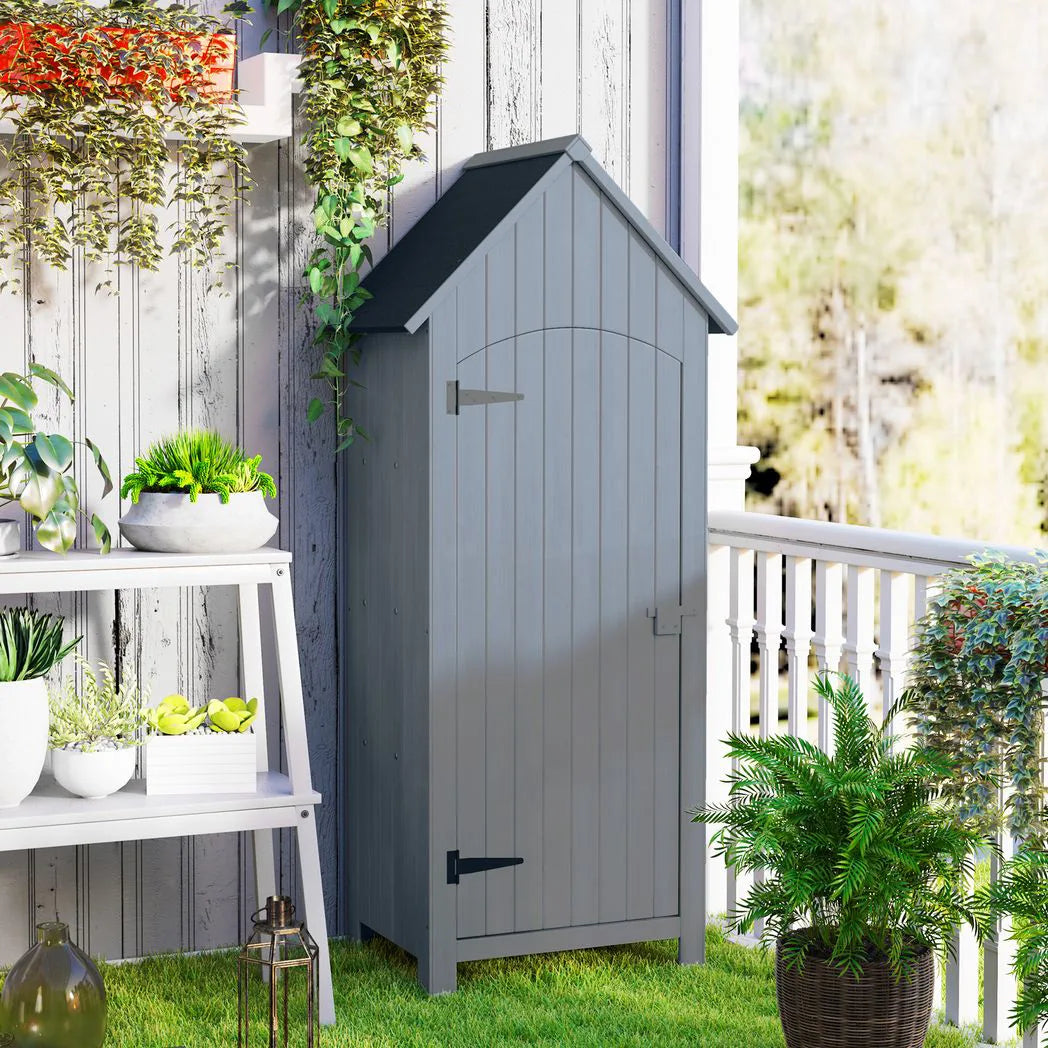 Outsunny Wooden Garden Storage Shed with 3 Shelves, Tilt Roof and Lockable Door – Outdoor Tool Cabinet, Grey