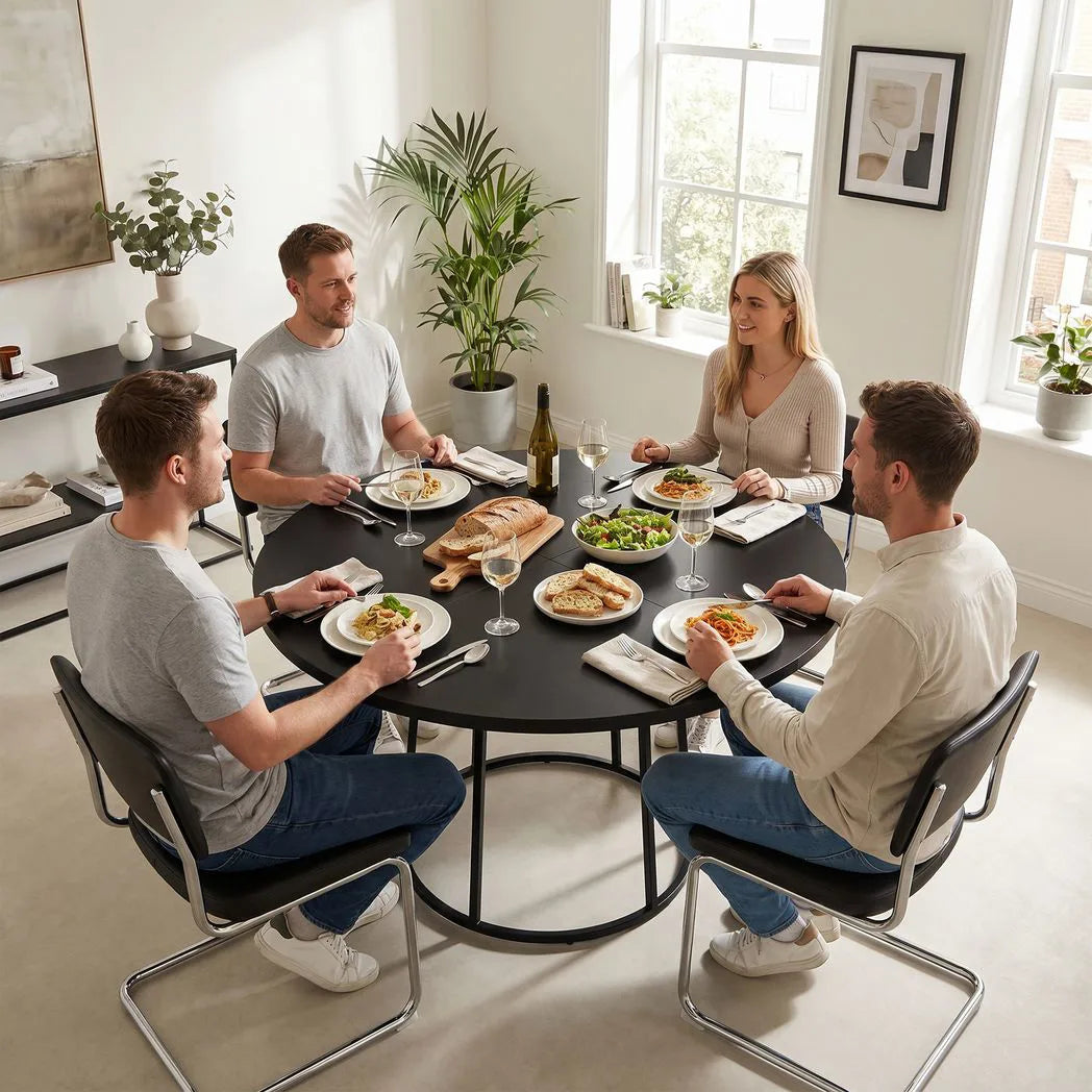 HOMCOM 120 cm Round Dining Table with Conical Metal Base – Space-Saving Kitchen Table for 4-6, Black