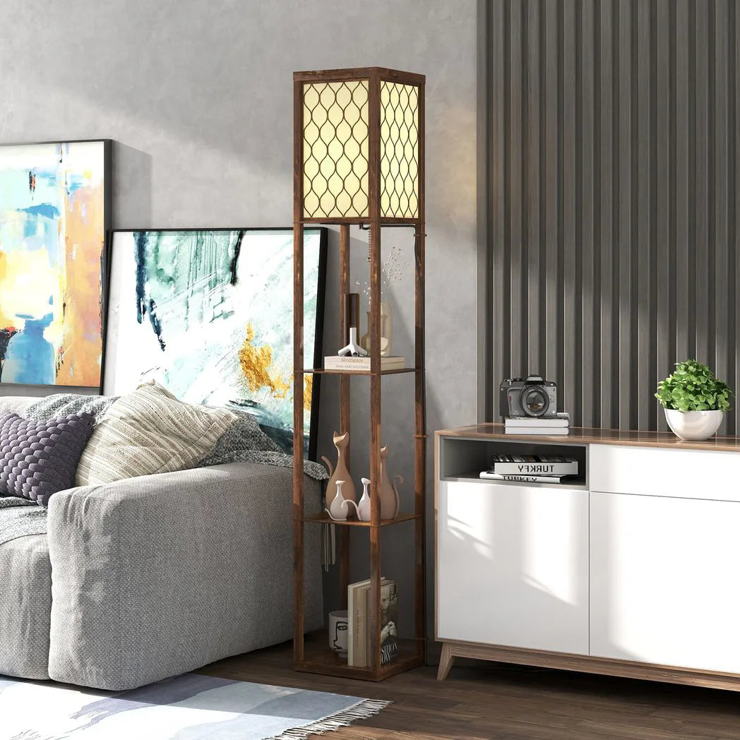 HOMCOM Three-Shelf Standing Lamp – Rustic Brown/White