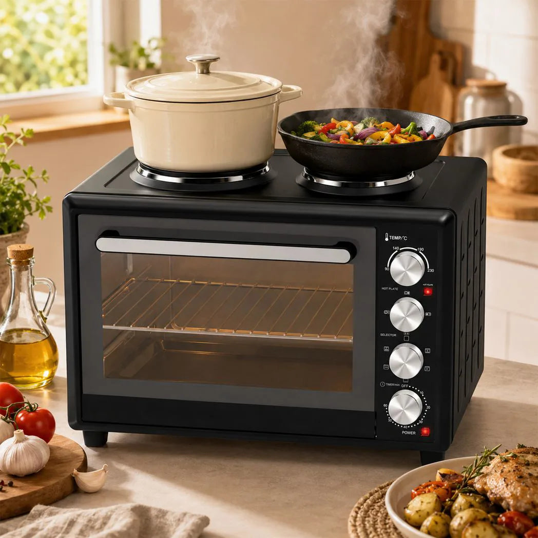 HOMCOM 46L Mini Oven with Dual Hot Plates and Convection – Electric Countertop Cooker with Rotisserie, 90–230°C
