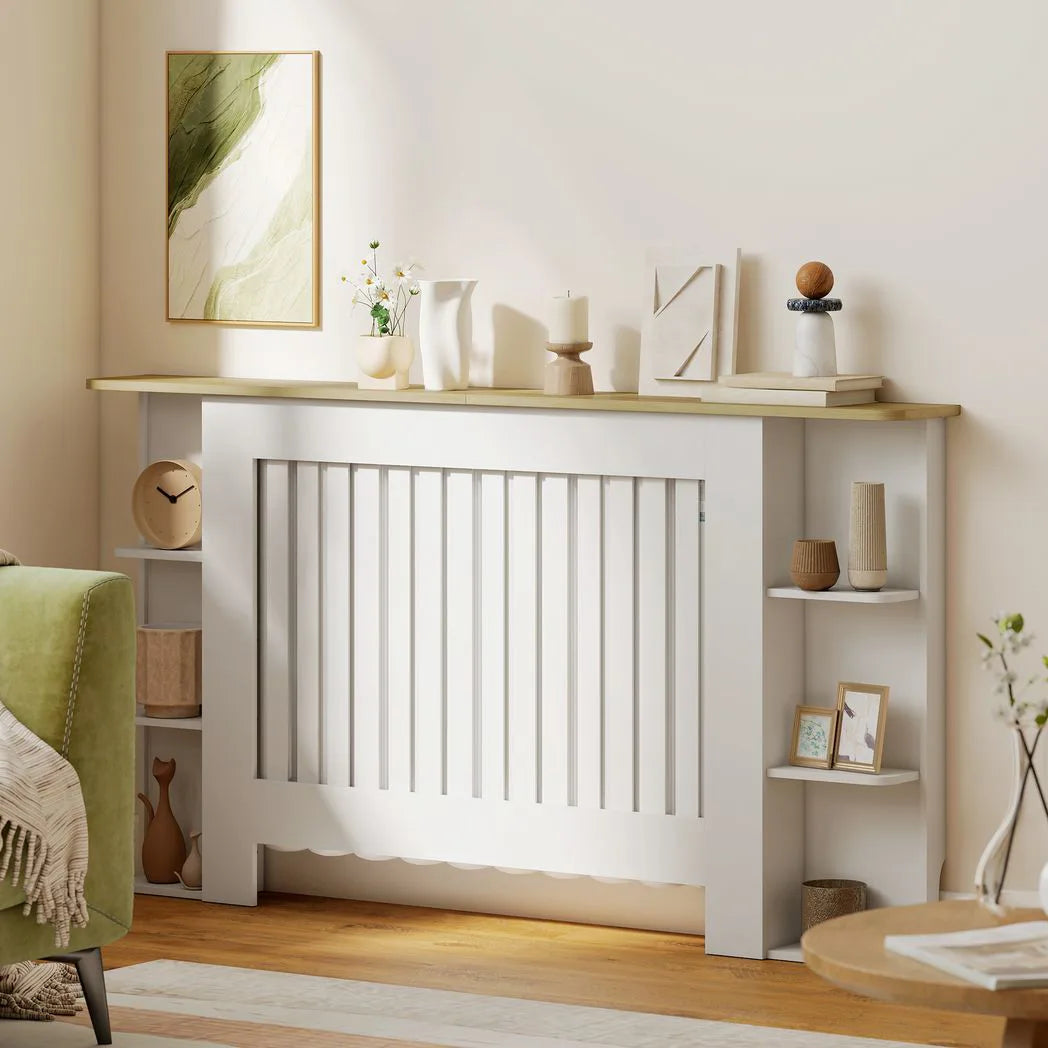 HOMCOM Radiator Cover with Open Storage Shelves and Vertical Slats – Heater Cabinet for Living Room & Hallway, White