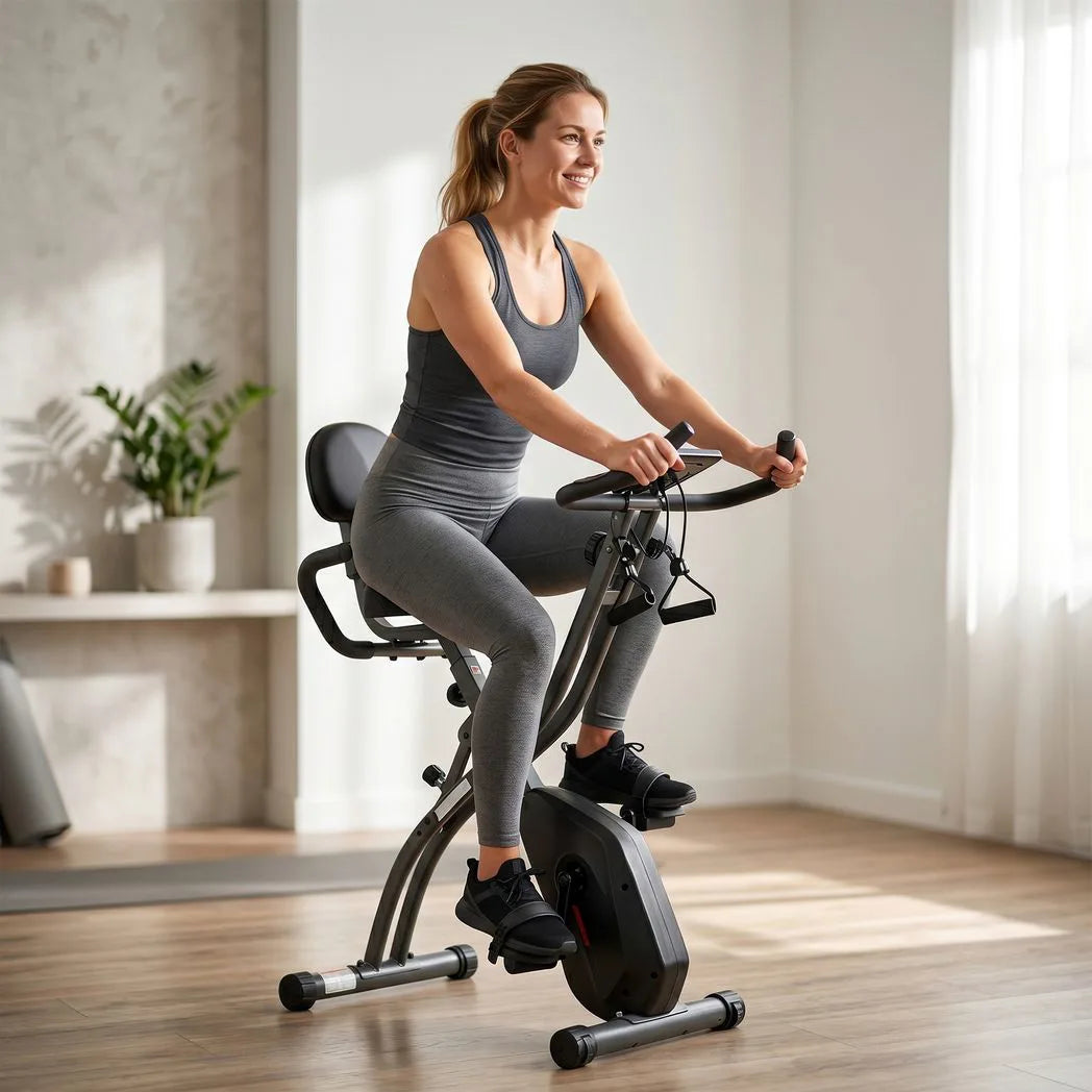 SPORTNOW 4-in-1 Folding Exercise Bike with Resistance Bands, 8-Level Magnetic Resistance & Bluetooth App, Black