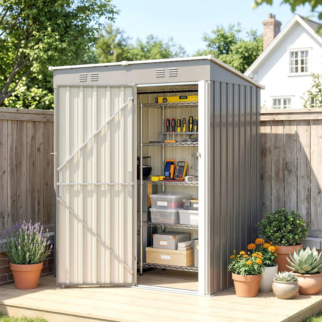 Outsunny 5 x 3ft Lean-To Metal Garden Shed with Lockable Door and Vents – Galvanised Steel, Light Grey
