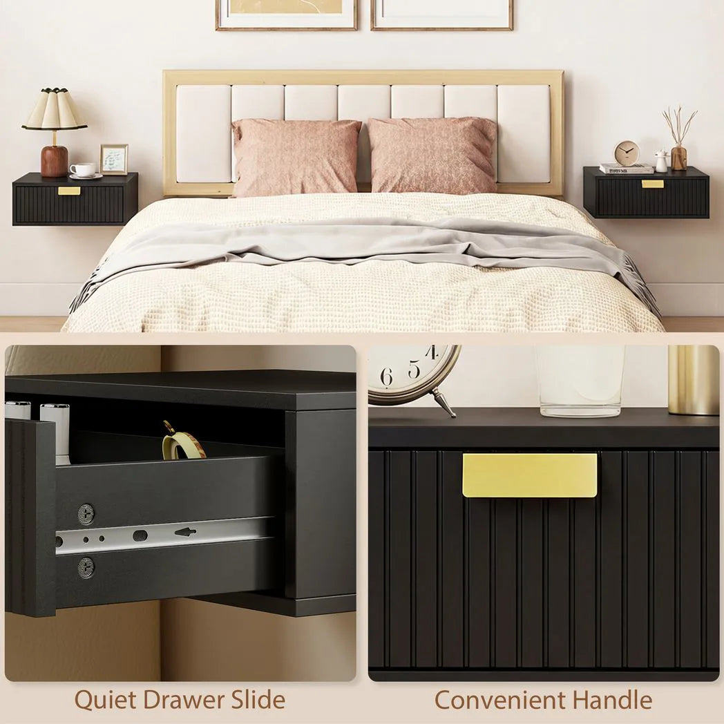 HOMCOM Set of 2 Floating Bedside Tables with Wave Drawer – Wall-Mounted Stackable Nightstands, Black