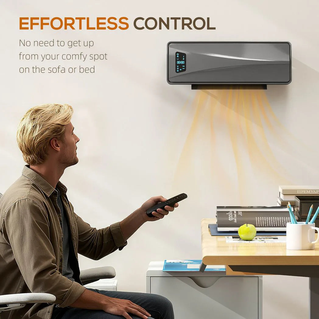 HOMCOM 2000W Wall-Mounted Ceramic Electric Heater with Oscillating Fan, Thermostat and Remote – Timer Room Heater, Grey