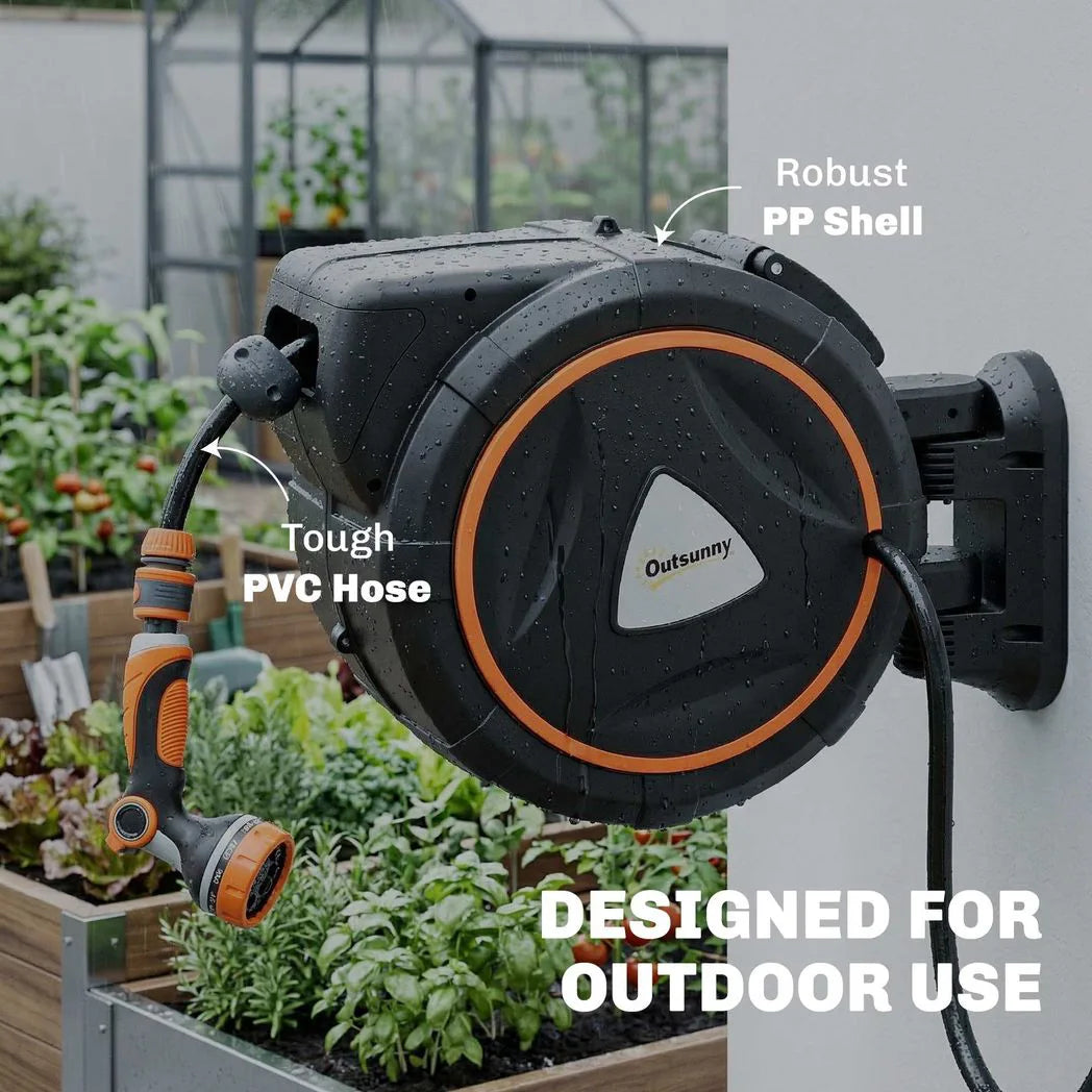 Outsunny 28m Retractable Wall-Mounted Hose Reel – Auto Lock, Slow Return, 12-Pattern Nozzles