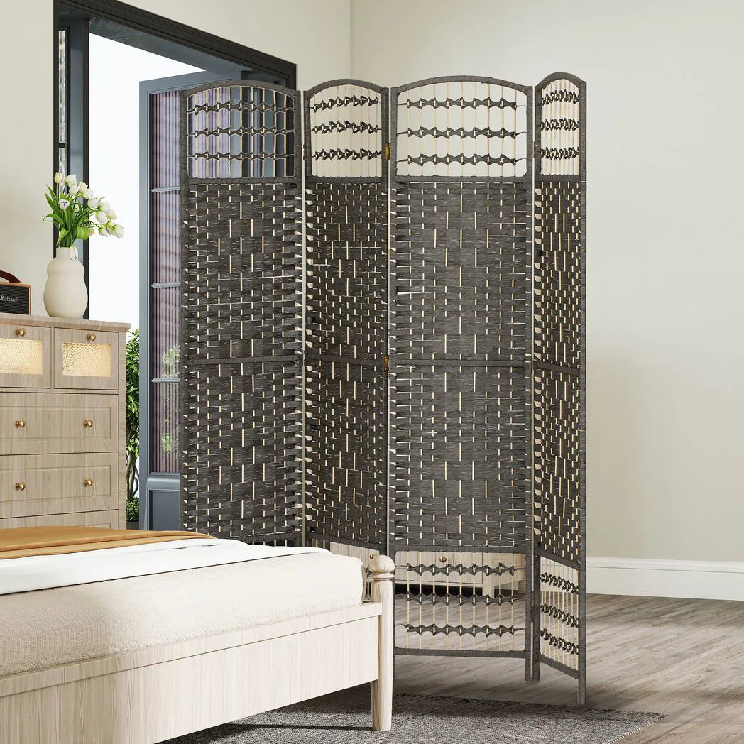 HOMCOM 4 Panel Folding Privacy Screen with Pine Wood Frame – Hand-Woven Room Divider, Dark Grey
