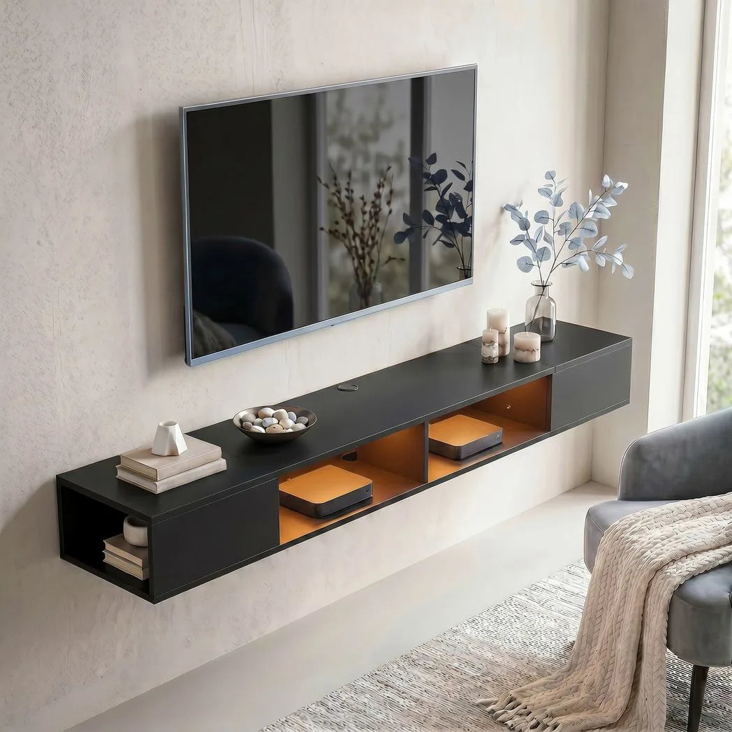 HOMCOM Wall Mounted TV Stand with RGB LED Lights – Floating Entertainment Unit for TVs up to 75 Inch, Black