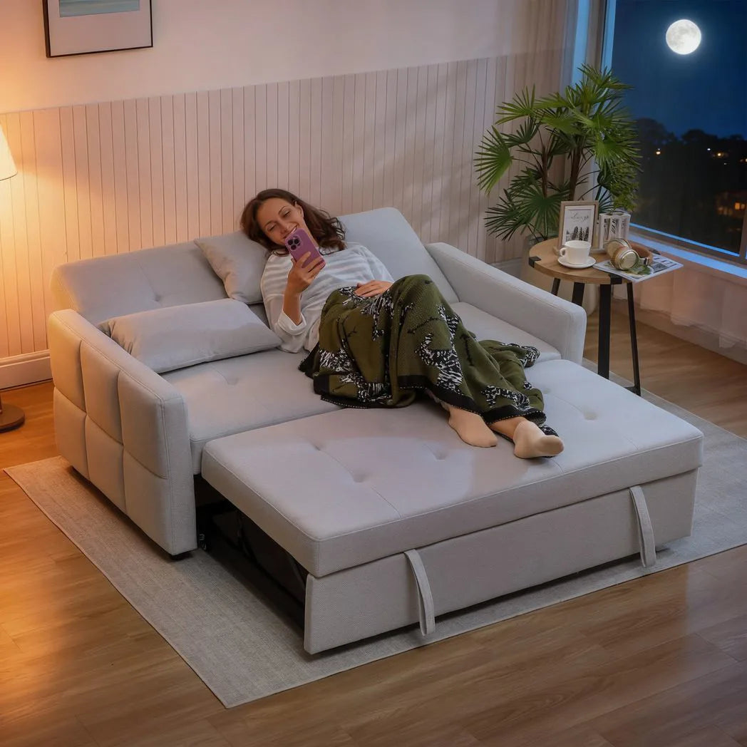 HOMCOM Three-Way Two-Seater Sofa Bed with Click-Clack Reclining Back – Linen-Look Loveseat, Light Grey