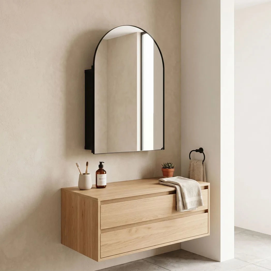 HOMCOM Arched Bathroom Mirror Cabinet with Storage Shelves – Wall Mounted, 180° Door, Black