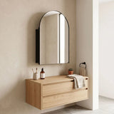 HOMCOM Arched Bathroom Mirror Cabinet with Storage Shelves – Wall Mounted, 180° Door, Black