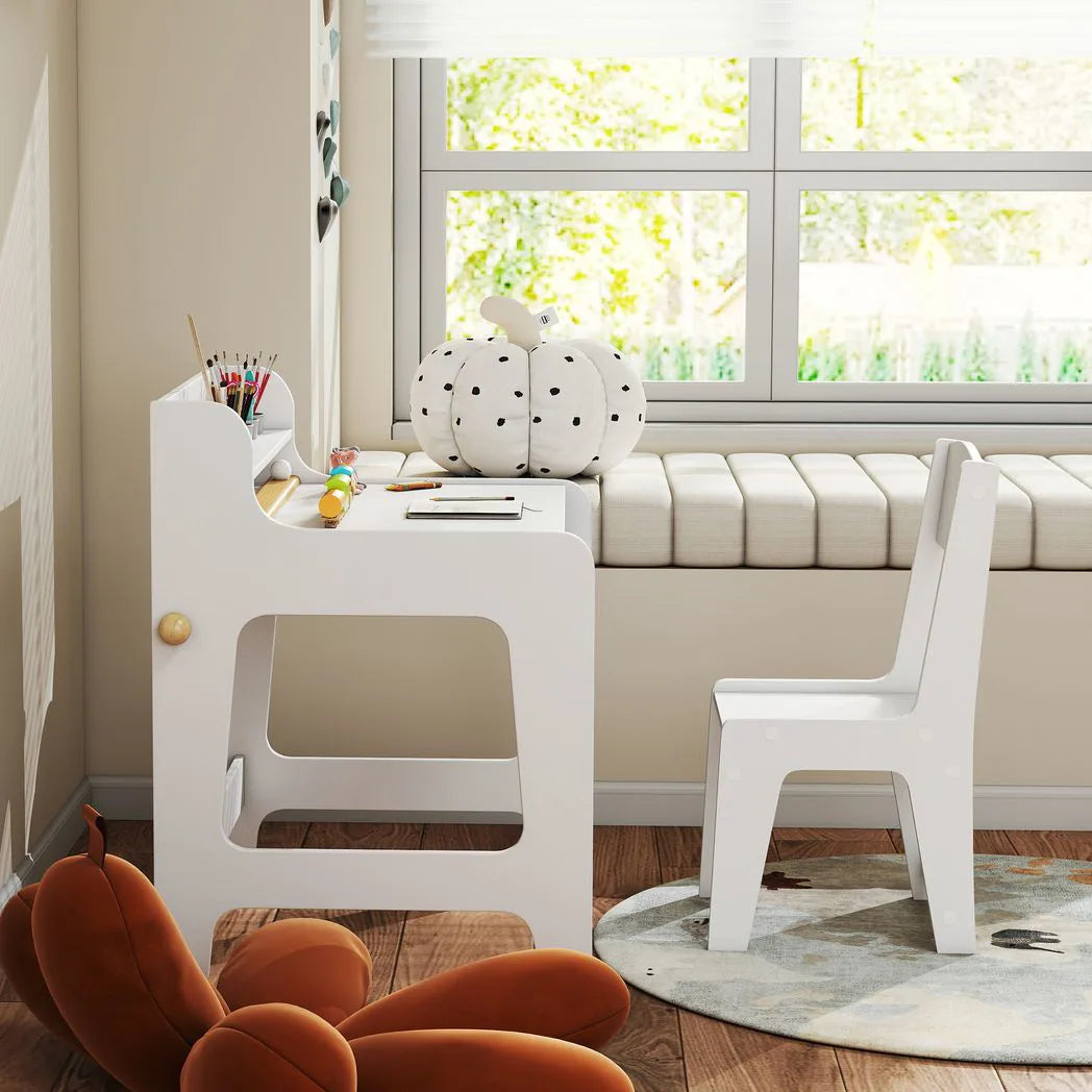 AIYAPLAY Kids Art Table and Chair Set with Storage Shelf, Drawers and Paper Roll Holder – Children's Desk, White