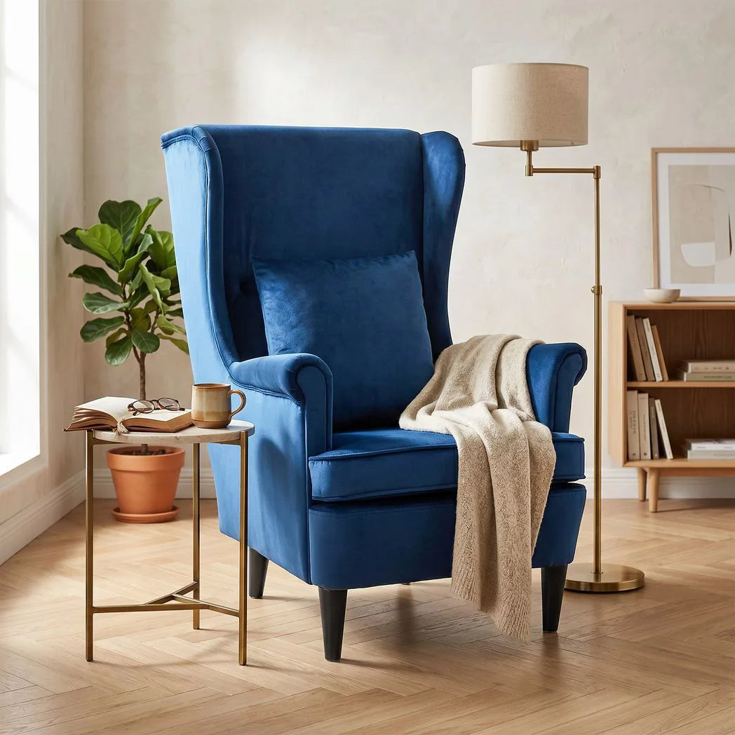 HOMCOM Wingback Accent Chair with High Backrest & Pillow – Velvet-Feel Reading Chair, Solid Wood Legs, Blue