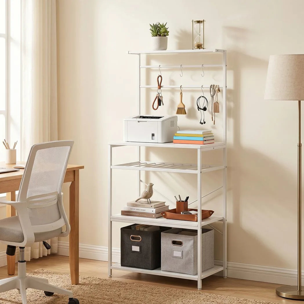 HOMCOM Freestanding Industrial Shelving Unit with Wine Rack and 6 Hooks – Home Office Storage, White
