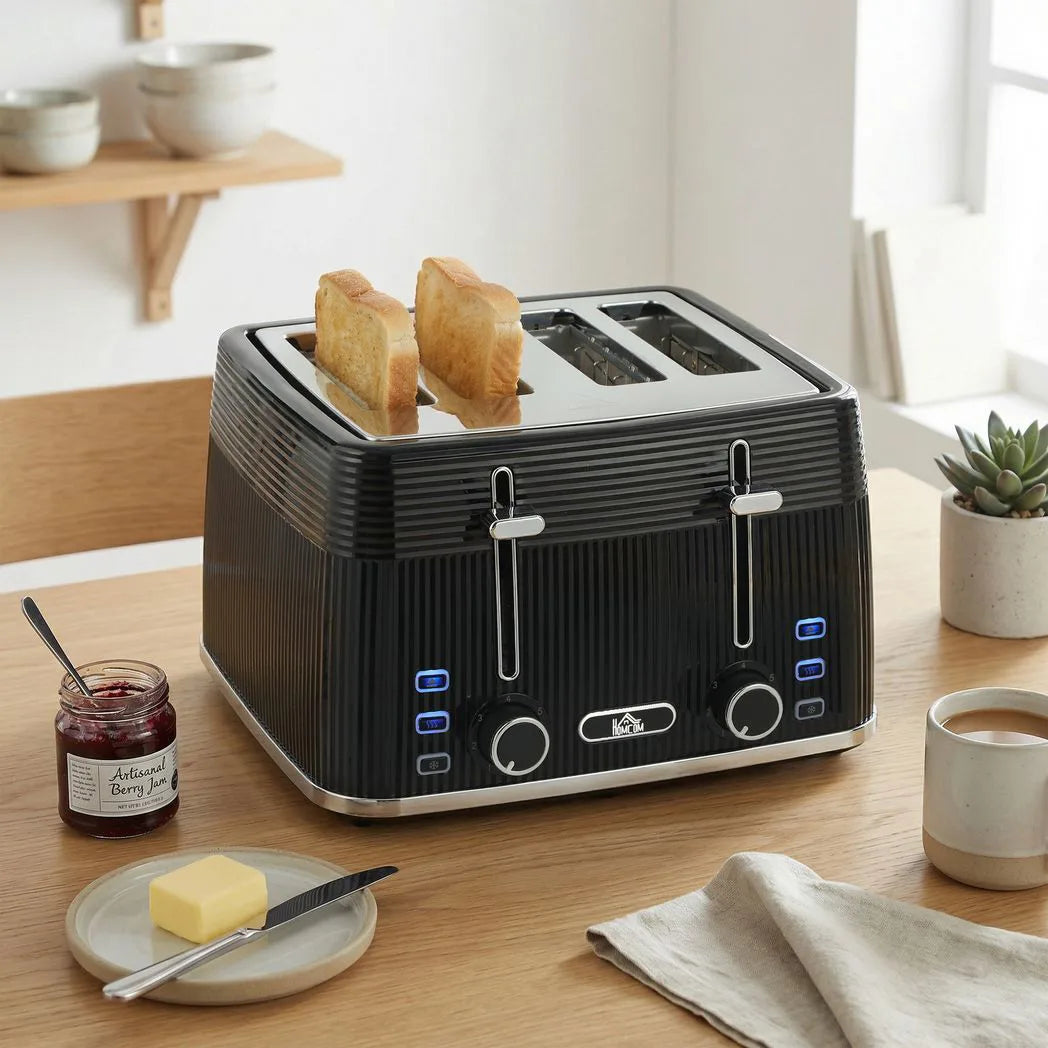 HOMCOM 4 Slice Toaster with 7 Browning Levels, Dual Controls, Defrost and Reheat, Crumb Tray, Black