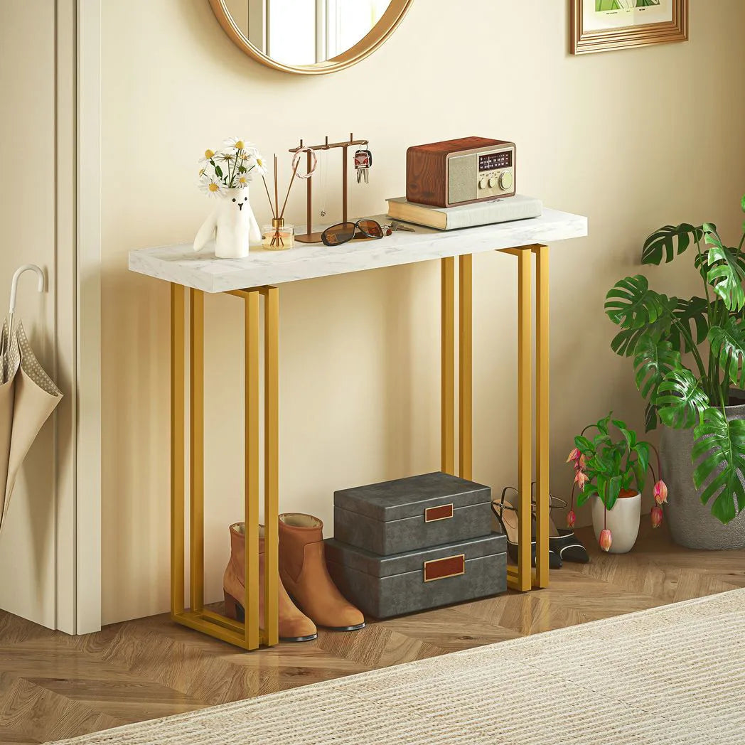 HOMCOM 100 cm Console Table with Faux Marble Top and Gold Tone Frame – Narrow Entryway Table, White