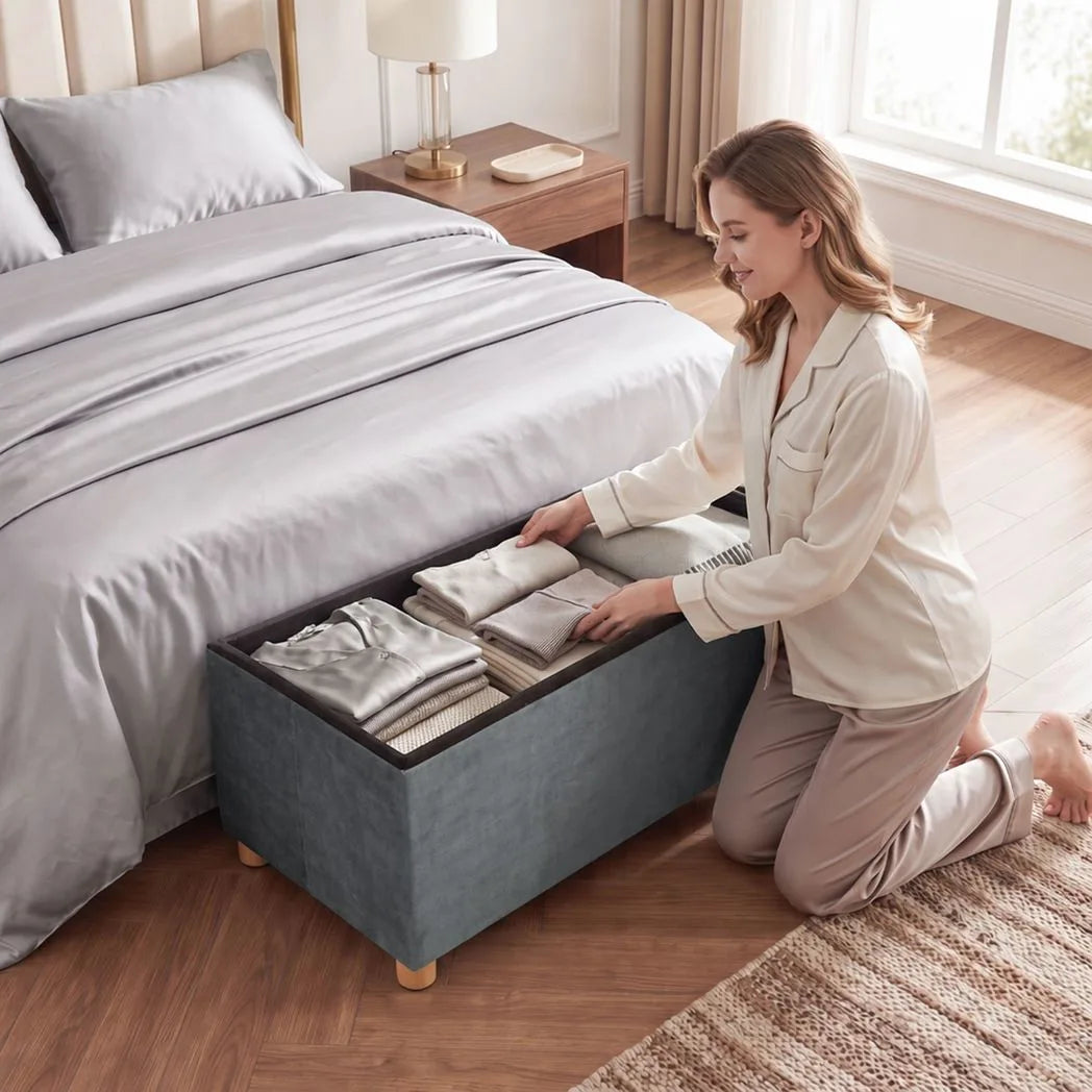 HOMCOM Velvet Upholstered Foldable Storage Ottoman Bench with Wood Legs, 67L – Footrest for Living Room, Grey