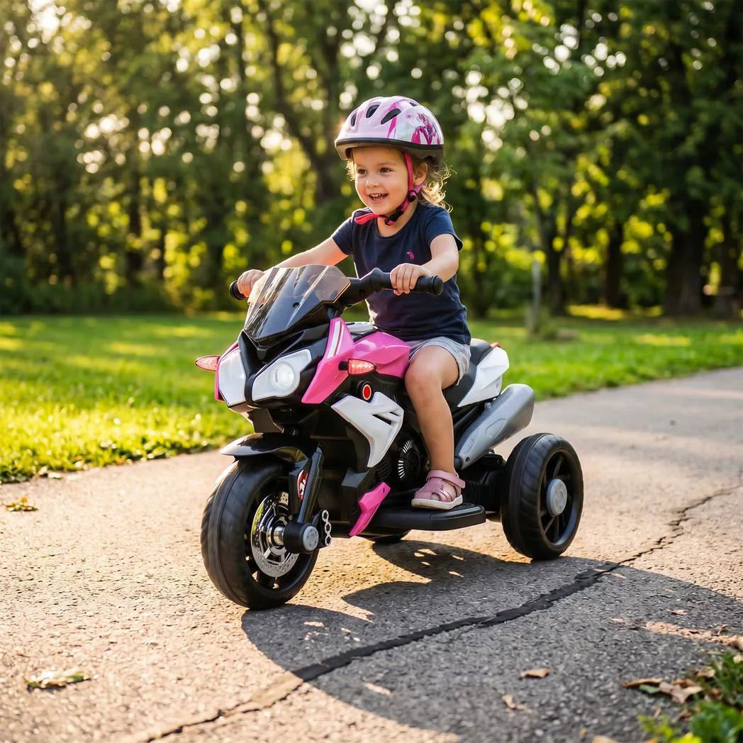 HOMCOM Kids Electric Motorcycle, 6V Three-Wheel Ride-On with LED Headlight, Music & Horn – Ages 3-5, Pink
