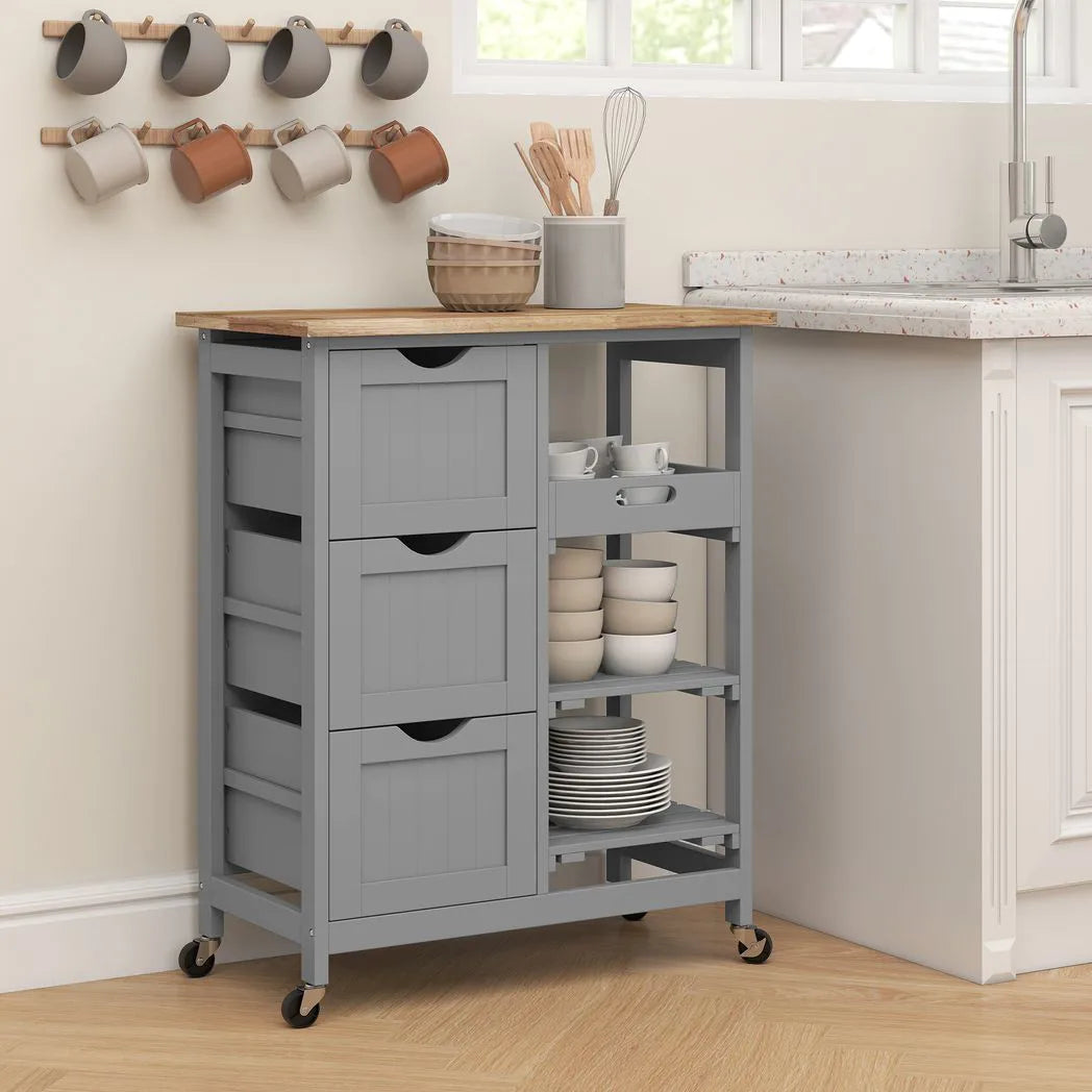 HOMCOM Rolling Kitchen Island Cart with Wood Top, 3 Drawers, 3 Shelves & Side Tray – Serving Trolley, Grey