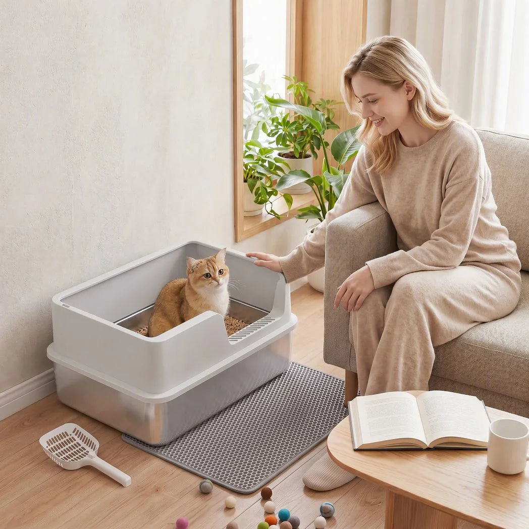 PawHut XL Stainless Steel Cat Litter Tray with Lid, Scoop and Mat – High-Sided Litter Box, Light Grey