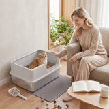 PawHut XL Stainless Steel Cat Litter Tray with Lid, Scoop and Mat – High-Sided Litter Box, Light Grey