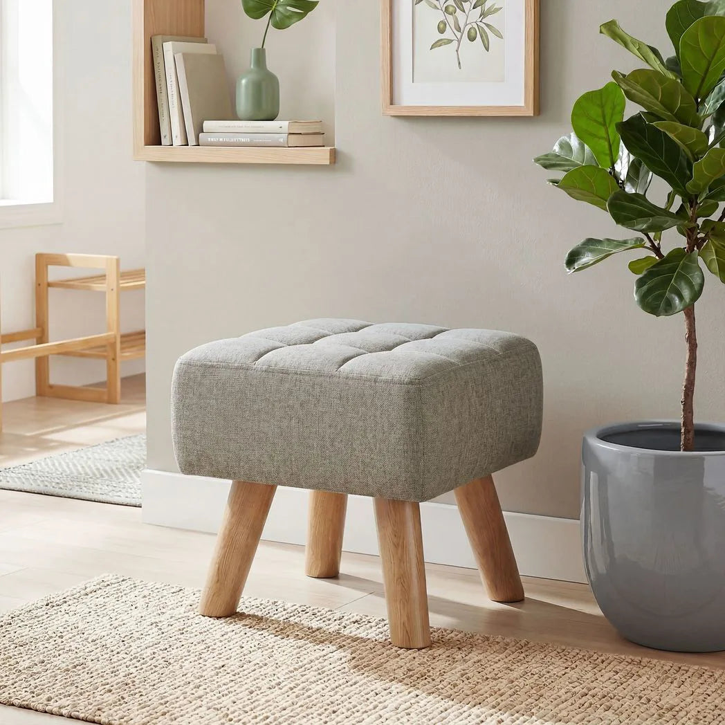 HOMCOM Linen-Look Square Padded Footstool with Wooden Legs – Leg Rest & Vanity Stool, Light Brown